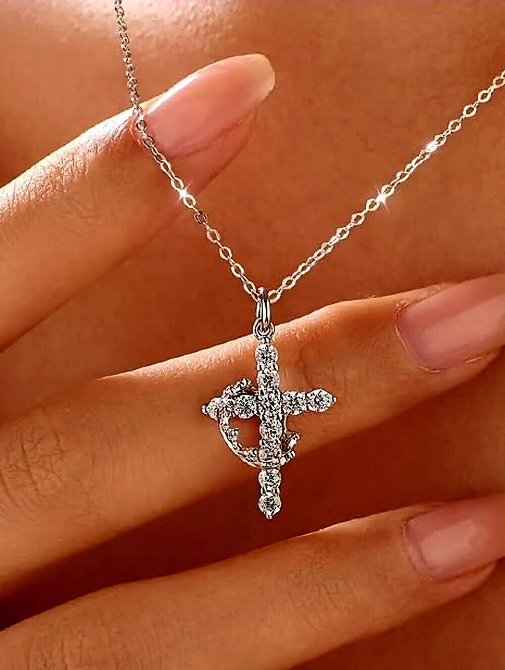 New cubic zirconia CROSS with rotatable CROWN DAUGHTER OF THE KING NECKLACE 18"